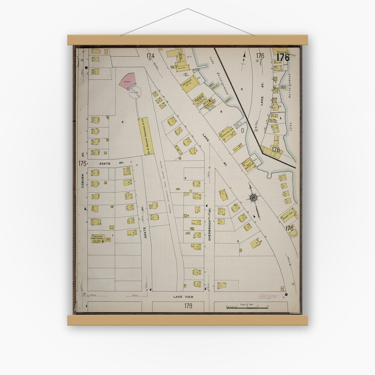Old map wall art mockup — magnetic wood frame on white wall — Sanborn Fire Insurance Map from Worcester, Worcester County, Massachusetts (1910), Sheet #0176