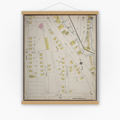 Old map wall art mockup — magnetic wood frame on white wall — Sanborn Fire Insurance Map from Worcester, Worcester County, Massachusetts (1910), Sheet #0176