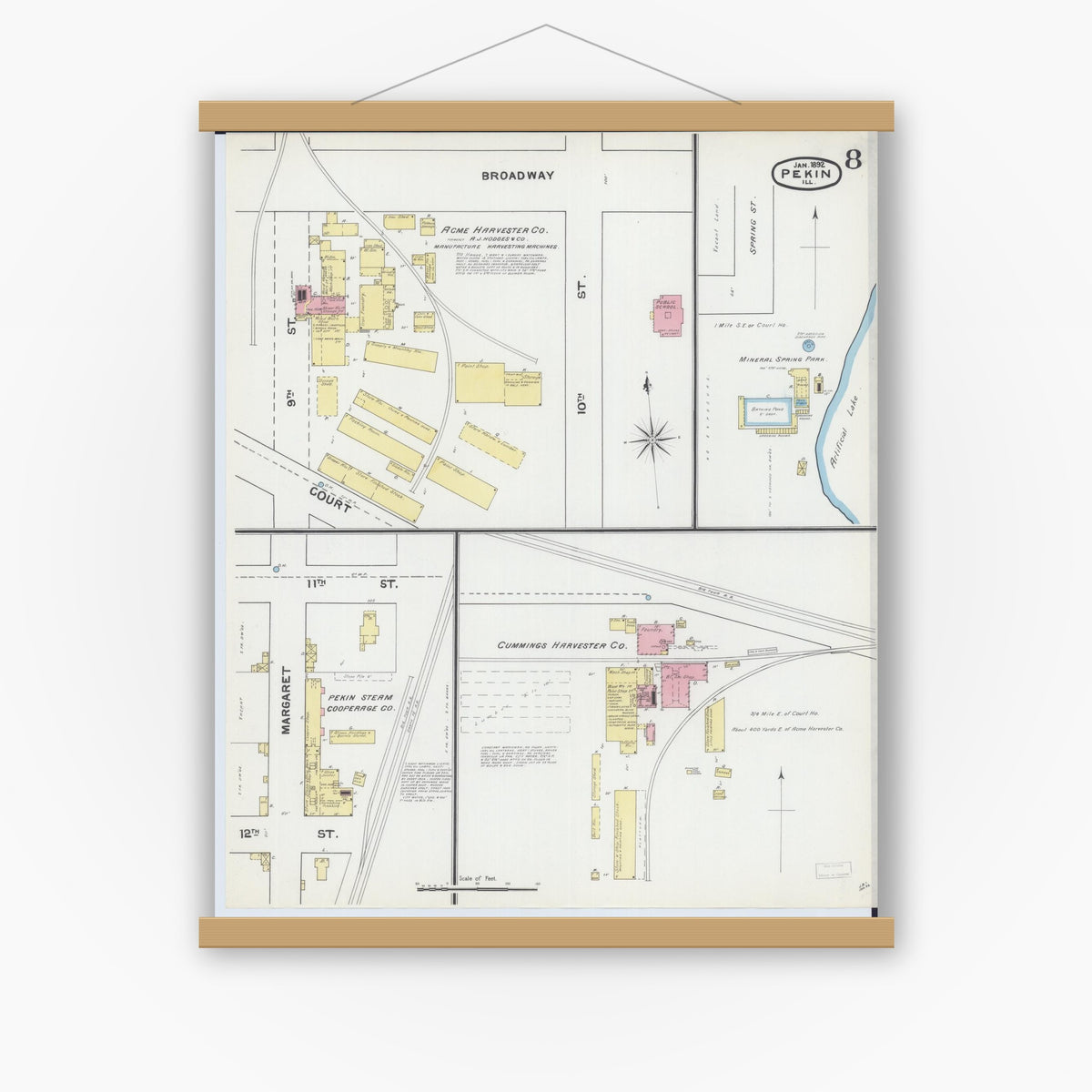 Old map wall art mockup — magnetic wood frame on white wall — Sanborn Fire Insurance Map from Pekin, Tazewell County, Illinois (1892), Sheet #0008