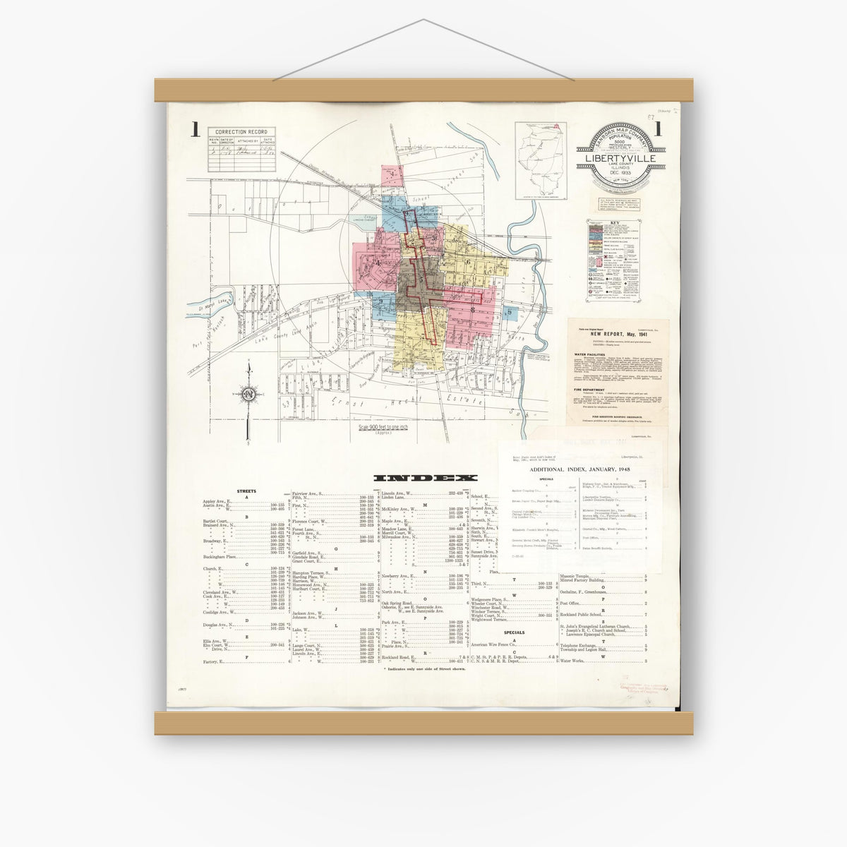 Old map wall art mockup — magnetic wood frame on white wall — Sanborn Fire Insurance Map from Libertyville, Lake County, Illinois (1948), Sheet #0001