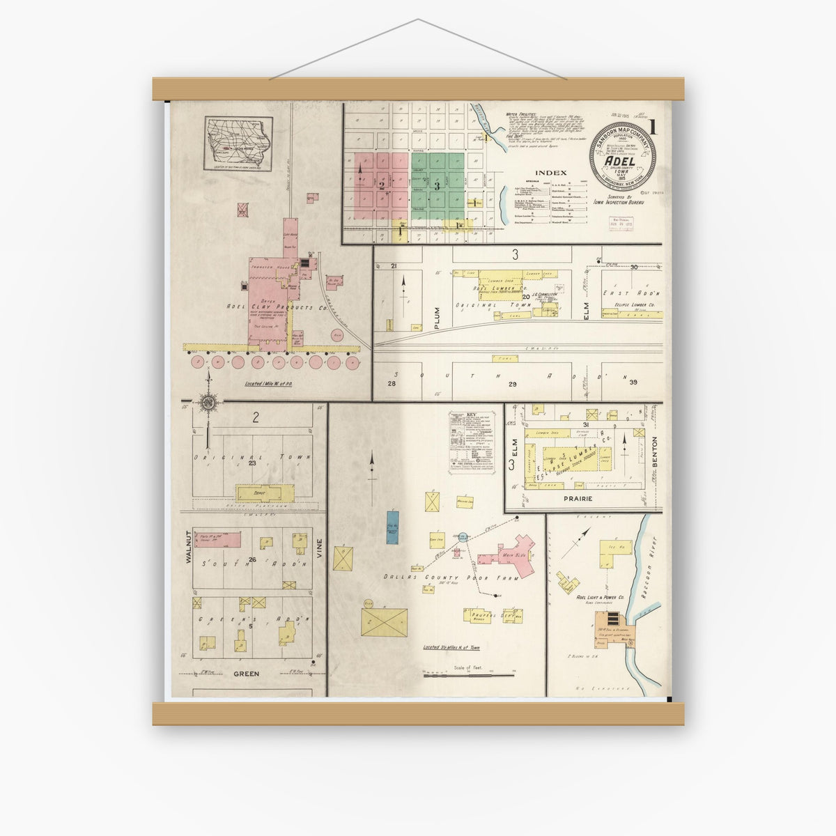 Old map wall art mockup — magnetic wood frame on white wall — Sanborn Fire Insurance Map from Adel, Dallas County, Iowa (1915), Sheet #0001