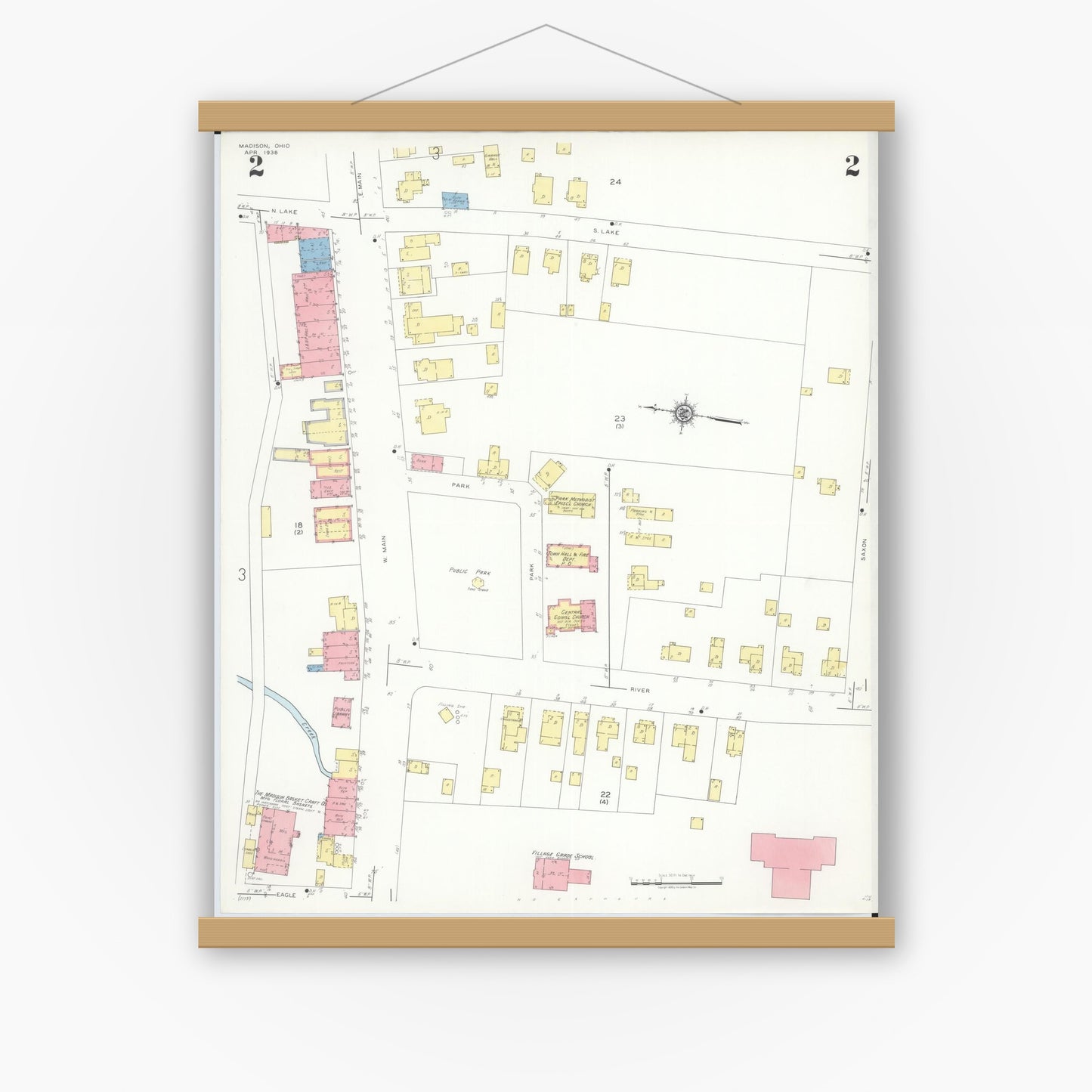 Old map wall art mockup — magnetic wood frame on white wall — Sanborn Fire Insurance Map from Madison, Lake County, Ohio (1938), Sheet #0002