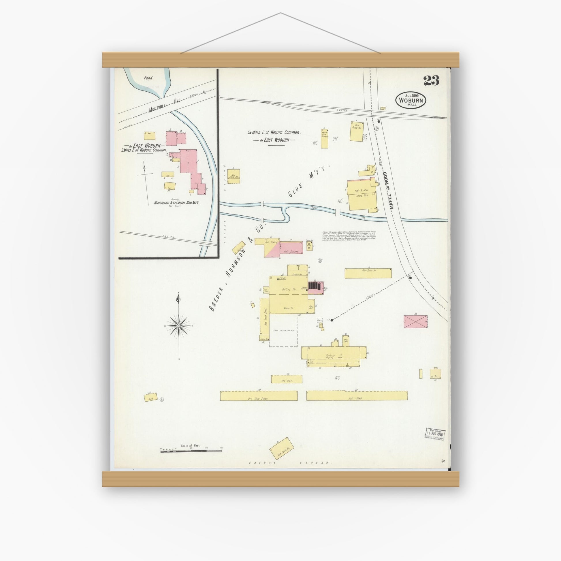 Old map wall art mockup — magnetic wood frame on white wall — Sanborn Fire Insurance Map from Woburn, Middlesex County, Massachusetts (1899), Sheet #0023