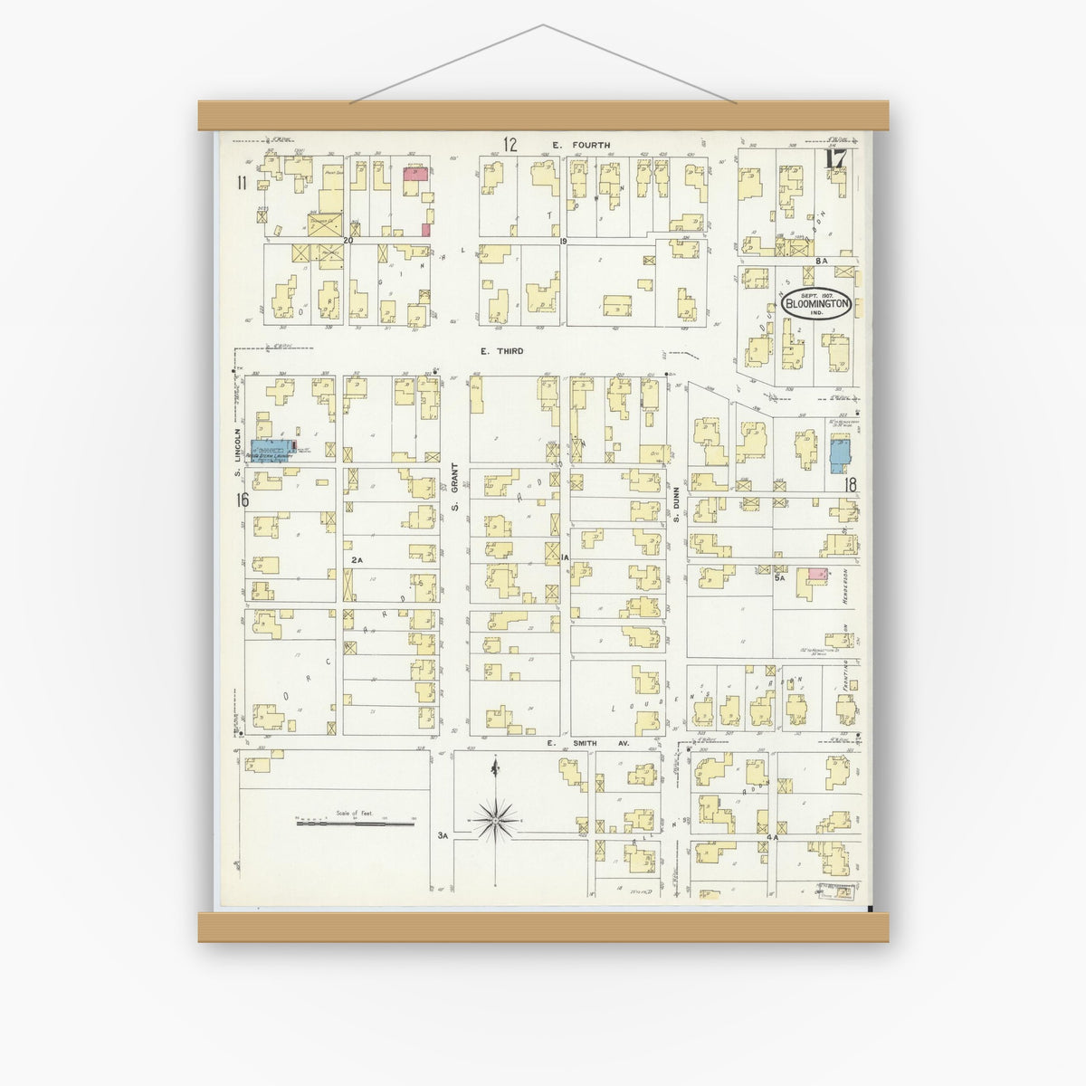 Old map wall art mockup — magnetic wood frame on white wall — Sanborn Fire Insurance Map from Bloomington, Monroe County, Indiana (1907), Sheet #0017