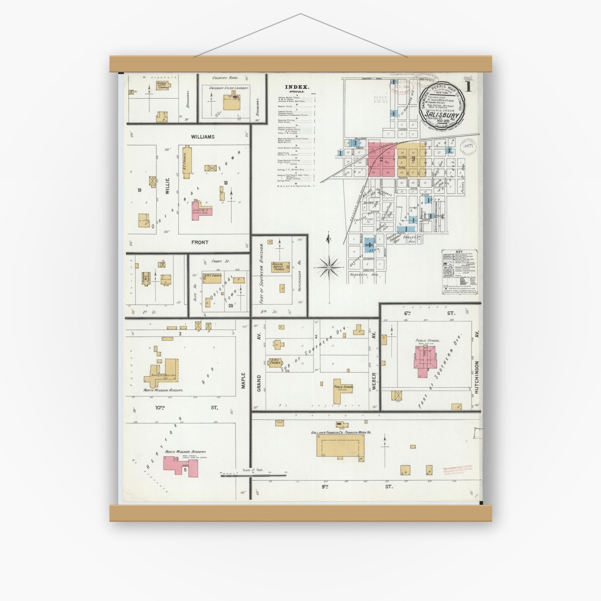 Old map wall art mockup — magnetic wood frame on white wall — Sanborn Fire Insurance Map from Salisbury, Chariton County, Missouri (1899) - Complete Map Set