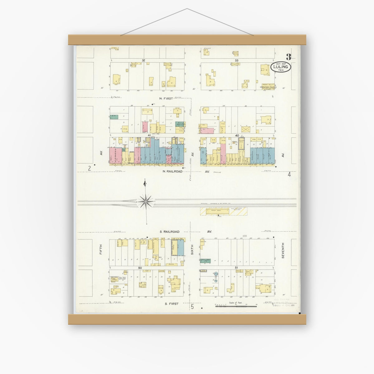 Old map wall art mockup — magnetic wood frame on white wall — Sanborn Fire Insurance Map from Luling, Caldwell County, Texas (1907), Sheet #0003