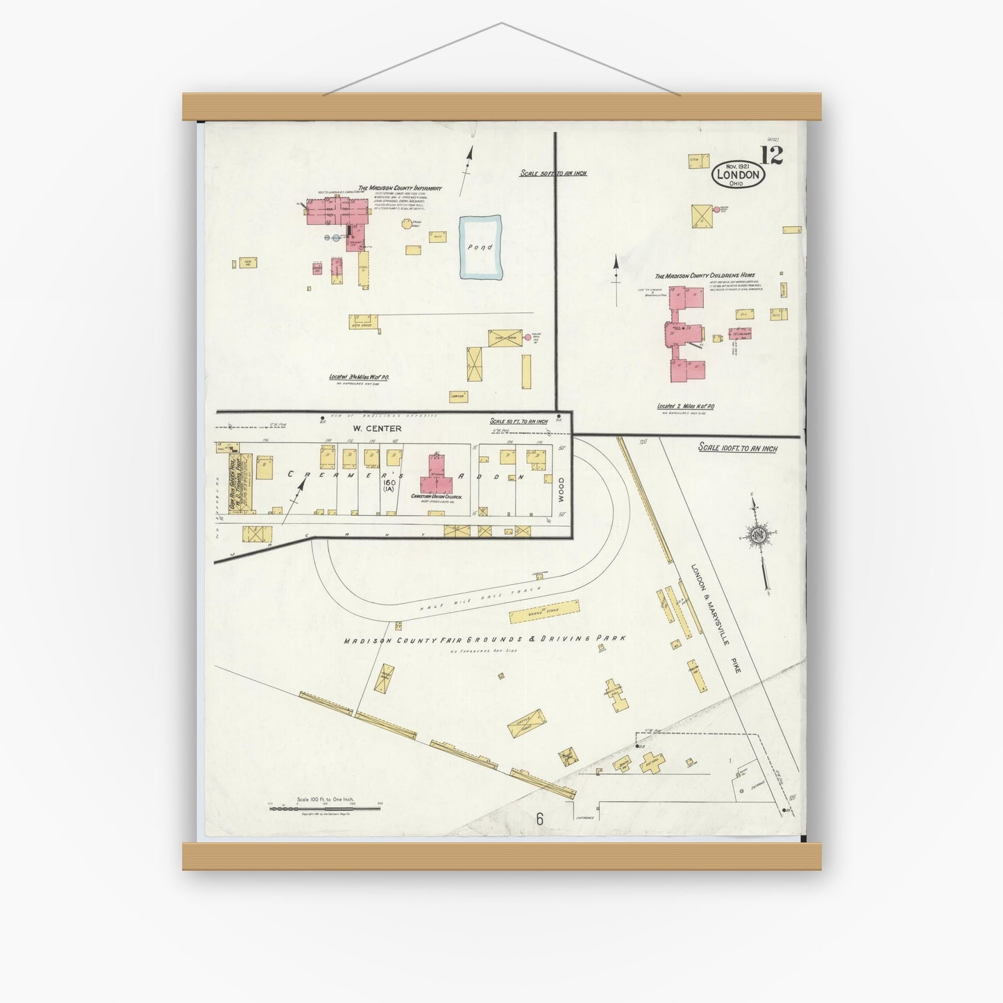 Old map wall art mockup — magnetic wood frame on white wall — Sanborn Fire Insurance Map from London, Madison County, Ohio (1921), Sheet #0012