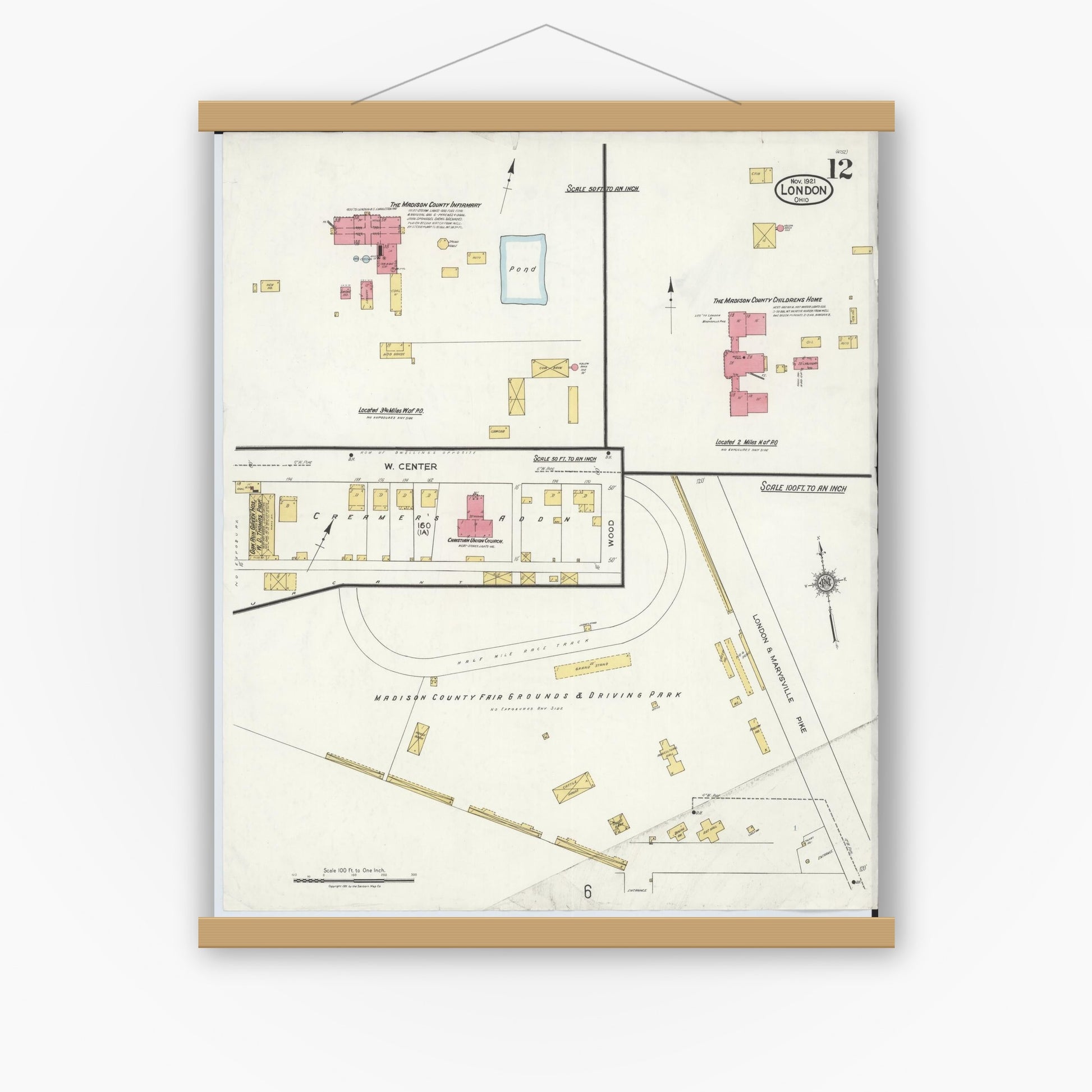 Old map wall art mockup — magnetic wood frame on white wall — Sanborn Fire Insurance Map from London, Madison County, Ohio (1921), Sheet #0012