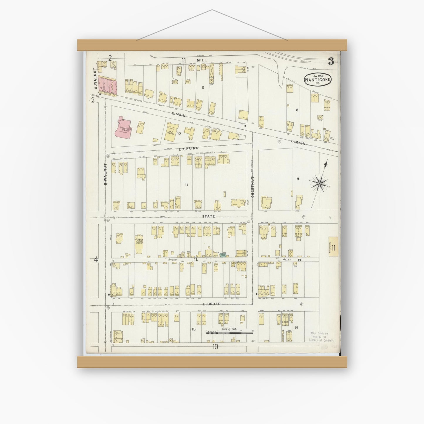 Old map wall art mockup — magnetic wood frame on white wall — Sanborn Fire Insurance Map from Nanticoke, Luzerne County, Pennsylvania (1896), Sheet #0003