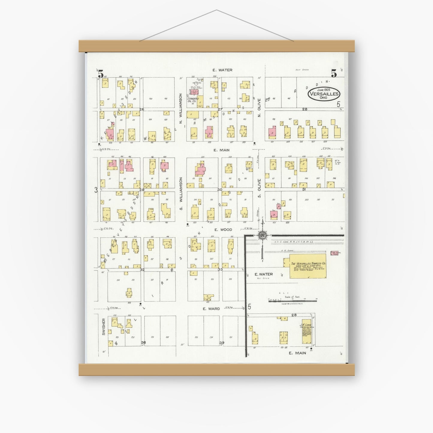 Old map wall art mockup — magnetic wood frame on white wall — Sanborn Fire Insurance Map from Versailles, Darke County, Ohio (1925), Sheet #0005