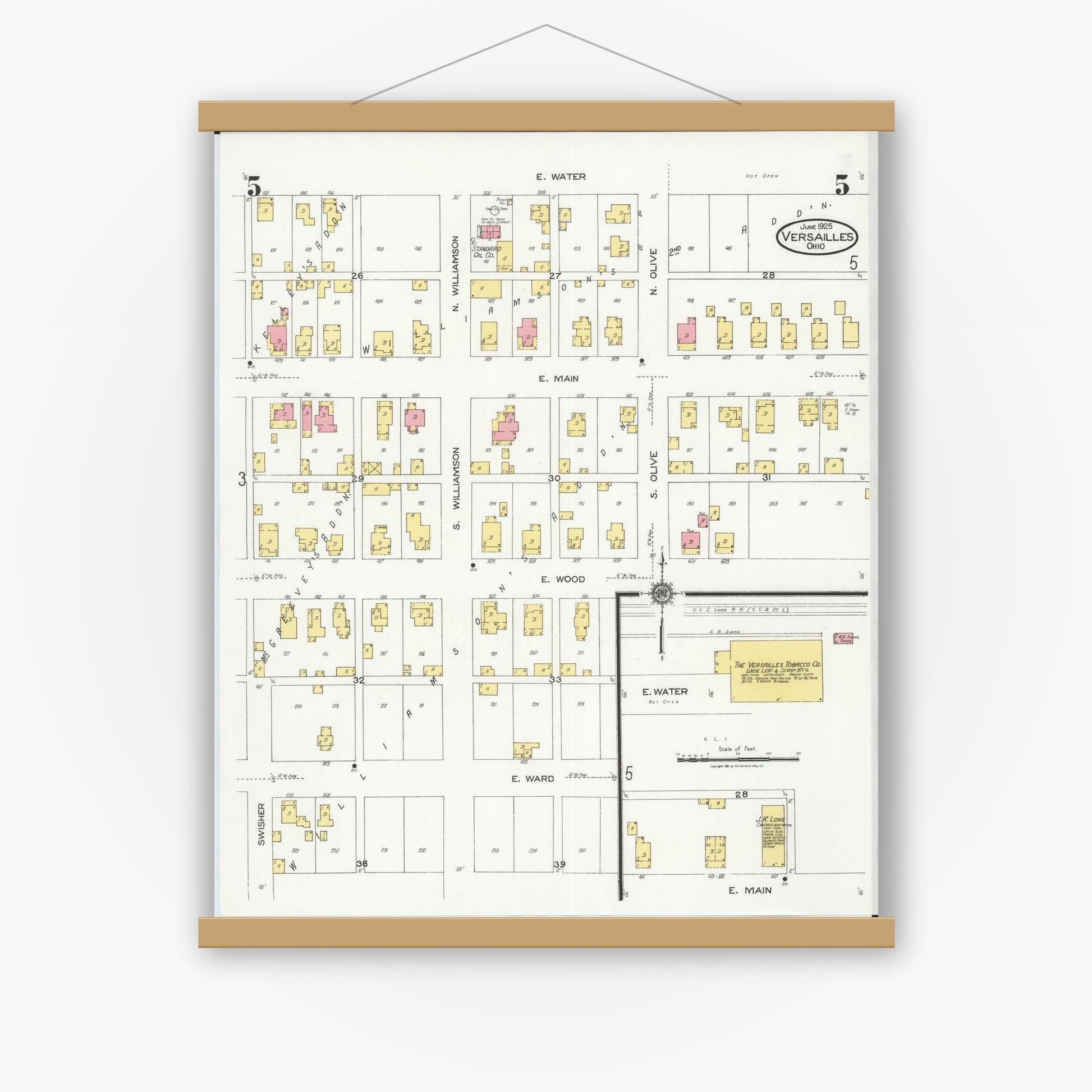 Old map wall art mockup — magnetic wood frame on white wall — Sanborn Fire Insurance Map from Versailles, Darke County, Ohio (1925), Sheet #0005