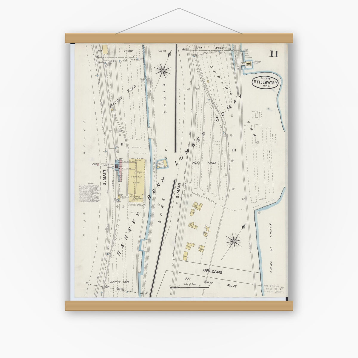 Old map wall art mockup — magnetic wood frame on white wall — Sanborn Fire Insurance Map from Stillwater, Washington County, Minnesota (1888), Sheet #0011
