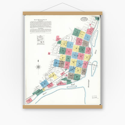 Old map wall art mockup — magnetic wood frame on white wall — Sanborn Fire Insurance Map from Clinton, Clinton County, Iowa (1909) â€” Complete Set
