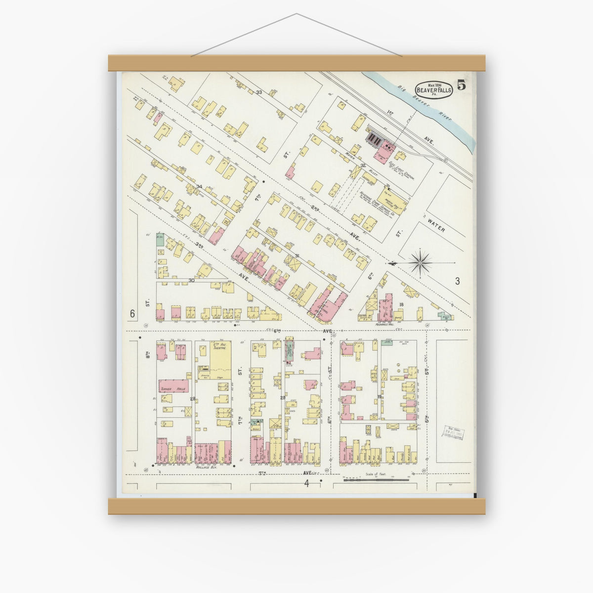 Old map wall art mockup — magnetic wood frame on white wall — Sanborn Fire Insurance Map from Beaver Falls, Beaver County, Pennsylvania (1896), Sheet #0005