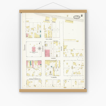 Old map wall art mockup — magnetic wood frame on white wall — Sanborn Fire Insurance Map from Afton, Union County, Iowa (1893), Sheet #0002