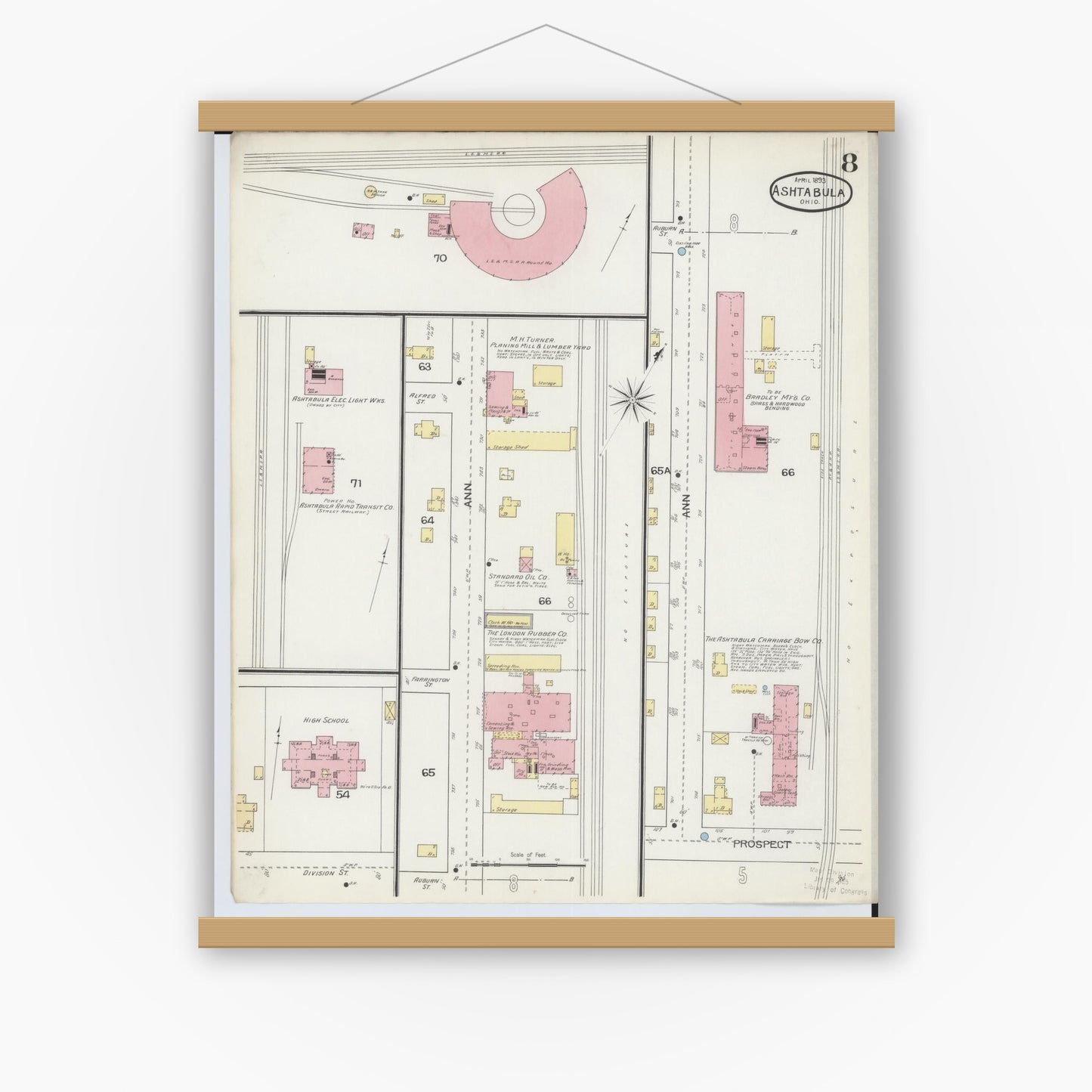 Old map wall art mockup — magnetic wood frame on white wall — Sanborn Fire Insurance Map from Ashtabula, Ashtabula County, Ohio (1893), Sheet #0008