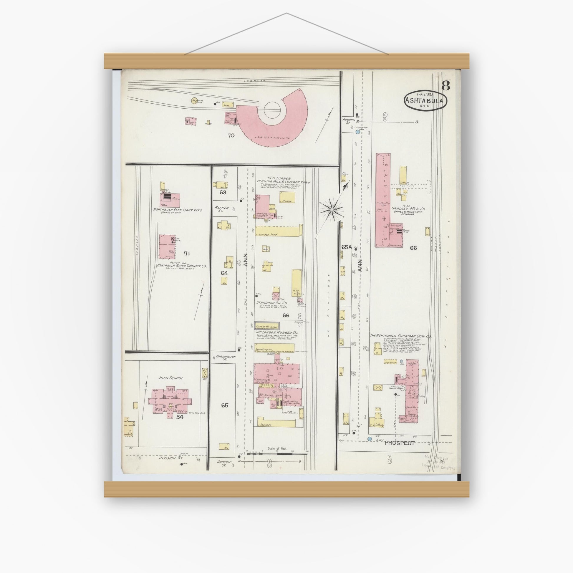 Old map wall art mockup — magnetic wood frame on white wall — Sanborn Fire Insurance Map from Ashtabula, Ashtabula County, Ohio (1893), Sheet #0008