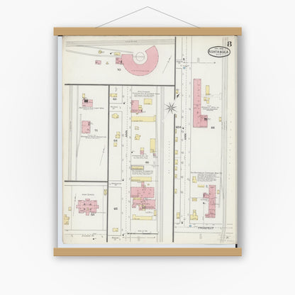 Old map wall art mockup — magnetic wood frame on white wall — Sanborn Fire Insurance Map from Ashtabula, Ashtabula County, Ohio (1893), Sheet #0008
