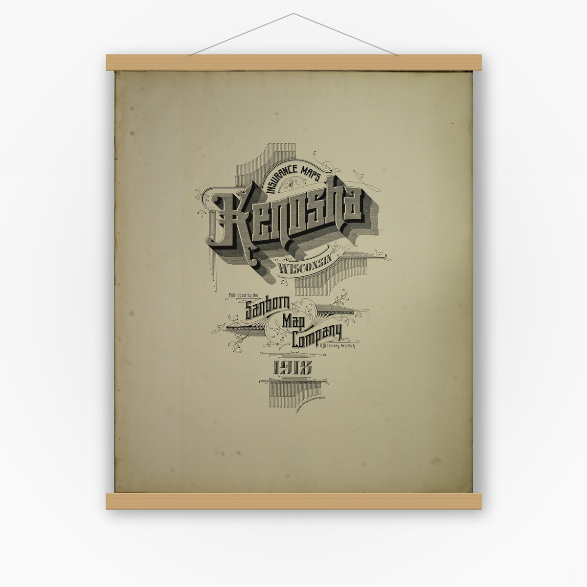 Old map wall art mockup — magnetic wood frame on white wall — Sanborn Fire Insurance Map from Kenosha, Kenosha County, Wisconsin. (1918), Sheet 1