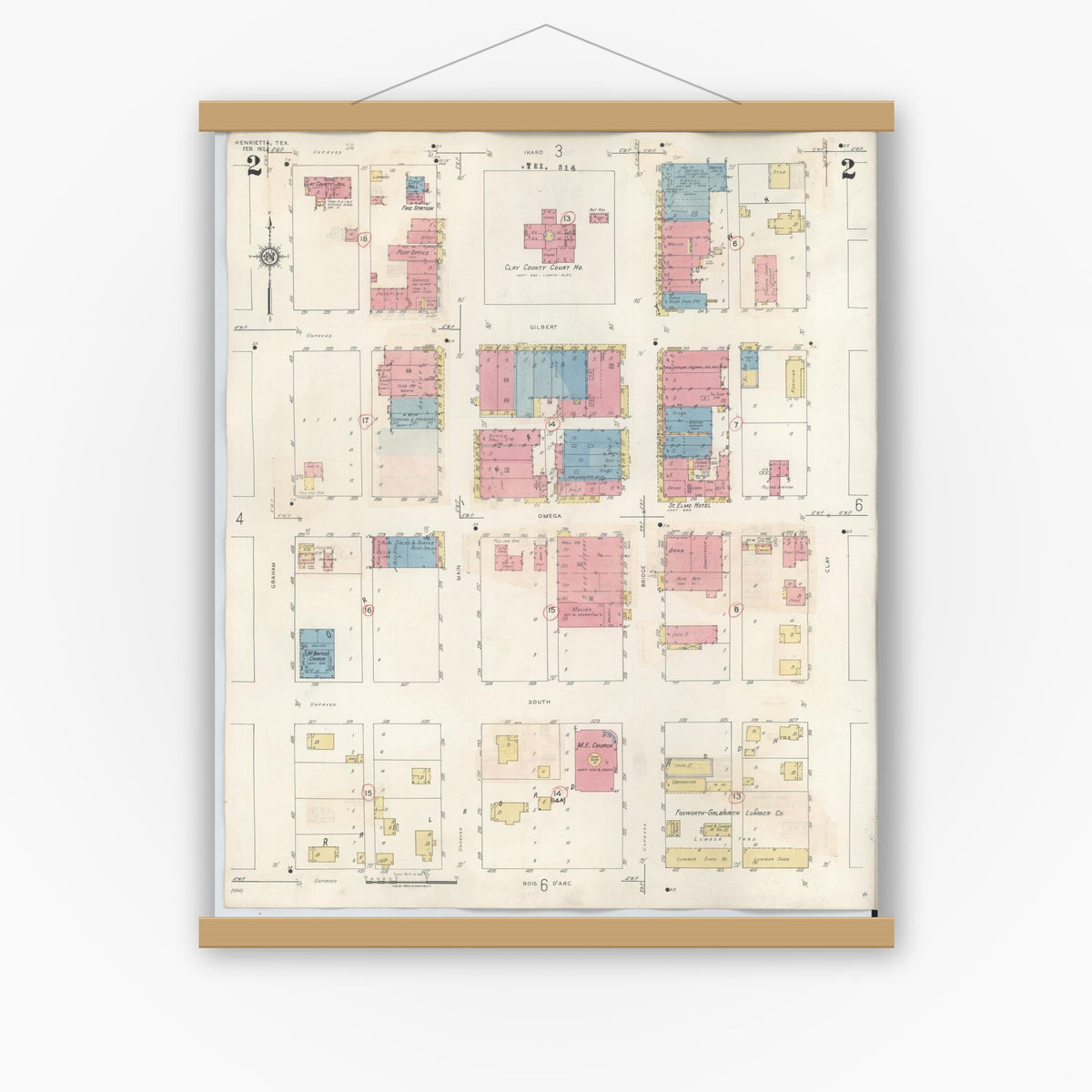 Old map wall art mockup — magnetic wood frame on white wall — Sanborn Fire Insurance Map from Henrietta, Clay County, Texas (1944), Sheet #0002
