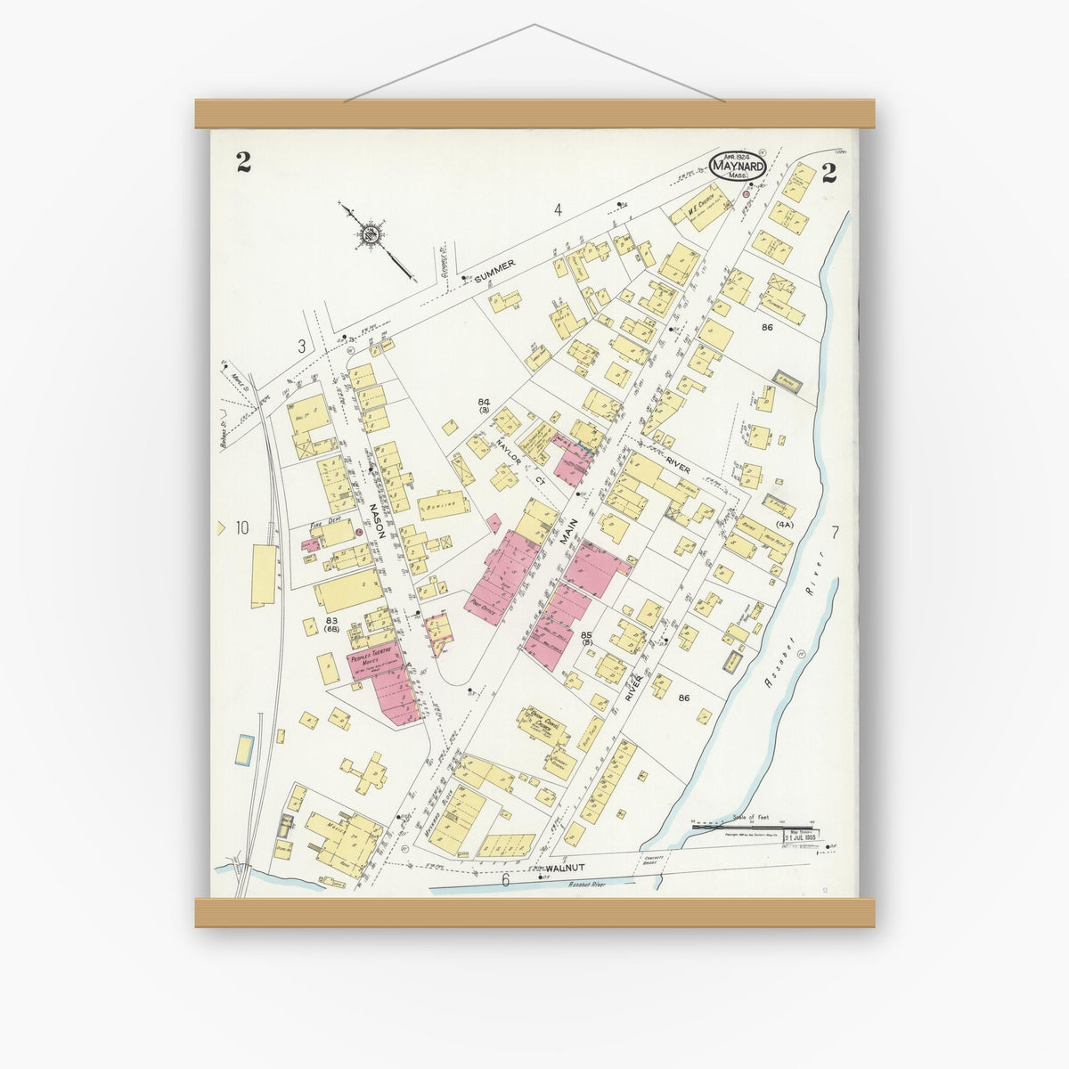 Old map wall art mockup — magnetic wood frame on white wall — Sanborn Fire Insurance Map from Maynard, Middlesex County, Massachusetts (1924), Sheet #0002