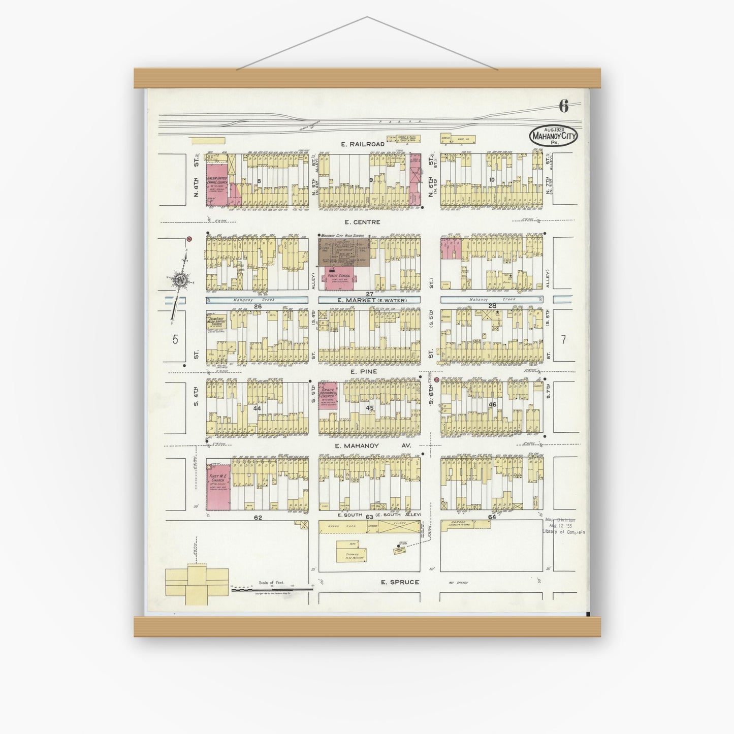 Old map wall art mockup — magnetic wood frame on white wall — Sanborn Fire Insurance Map from Mahanoy City, Schuylkill County, Pennsylvania (1920), Sheet #0006