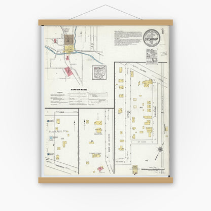 Old map wall art mockup — magnetic wood frame on white wall — Sanborn Fire Insurance Map from Sylvania, Lucas County, Ohio (1919), Sheet #0001