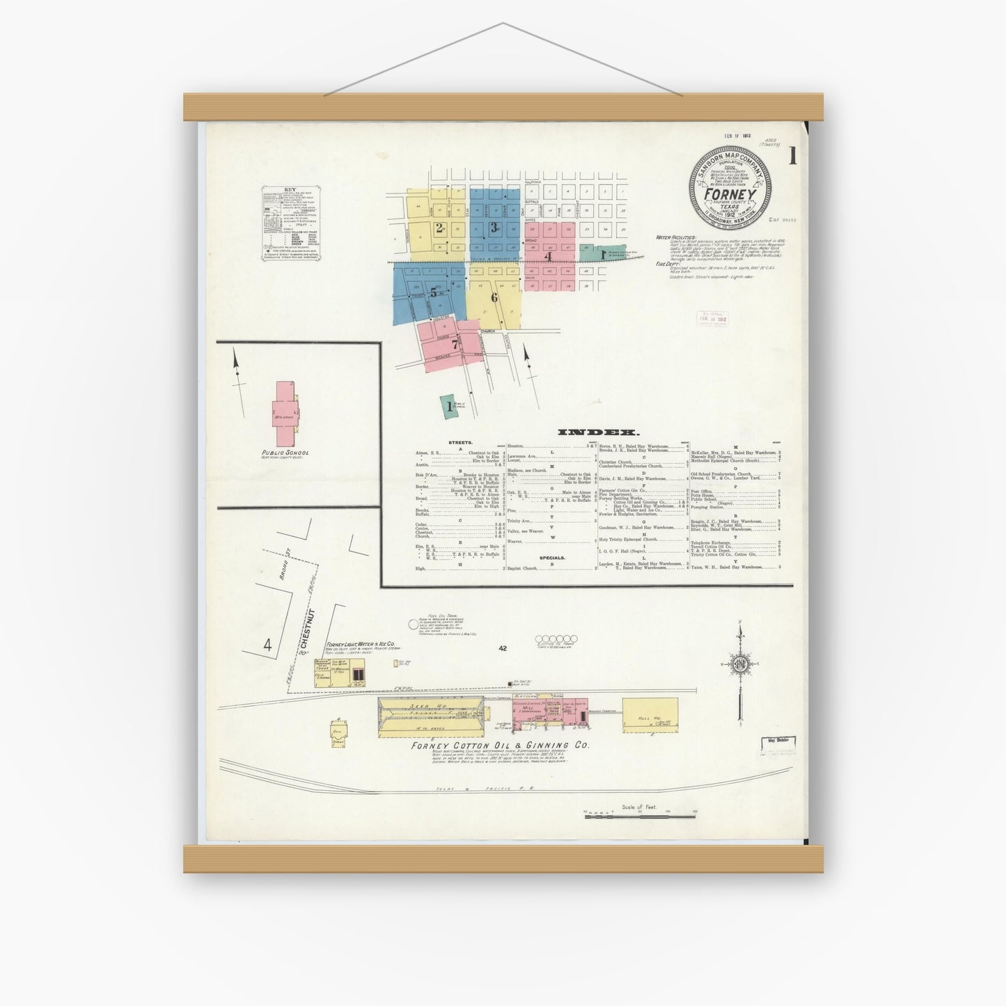 Old map wall art mockup — magnetic wood frame on white wall — Sanborn Fire Insurance Map from Forney, Kaufman County, Texas (1912), Sheet #0001