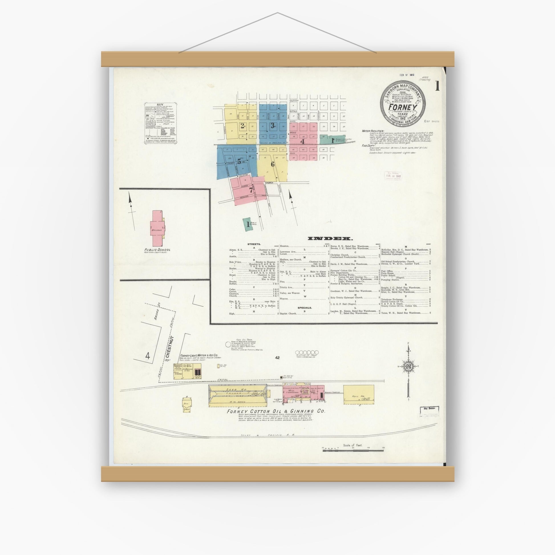 Old map wall art mockup — magnetic wood frame on white wall — Sanborn Fire Insurance Map from Forney, Kaufman County, Texas (1912), Sheet #0001