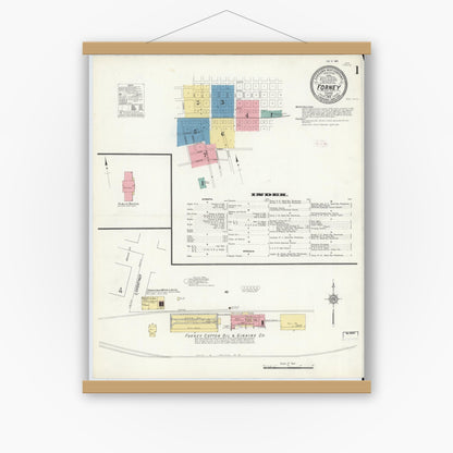 Old map wall art mockup — magnetic wood frame on white wall — Sanborn Fire Insurance Map from Forney, Kaufman County, Texas (1912), Sheet #0001