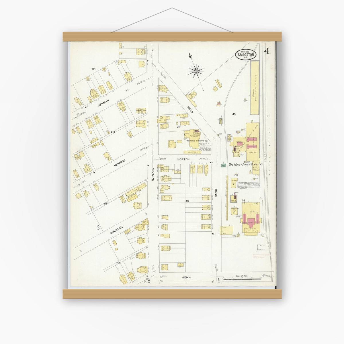 Old map wall art mockup — magnetic wood frame on white wall — Sanborn Fire Insurance Map from Bridgeton, Cumberland County, New Jersey (1908), Sheet #0004