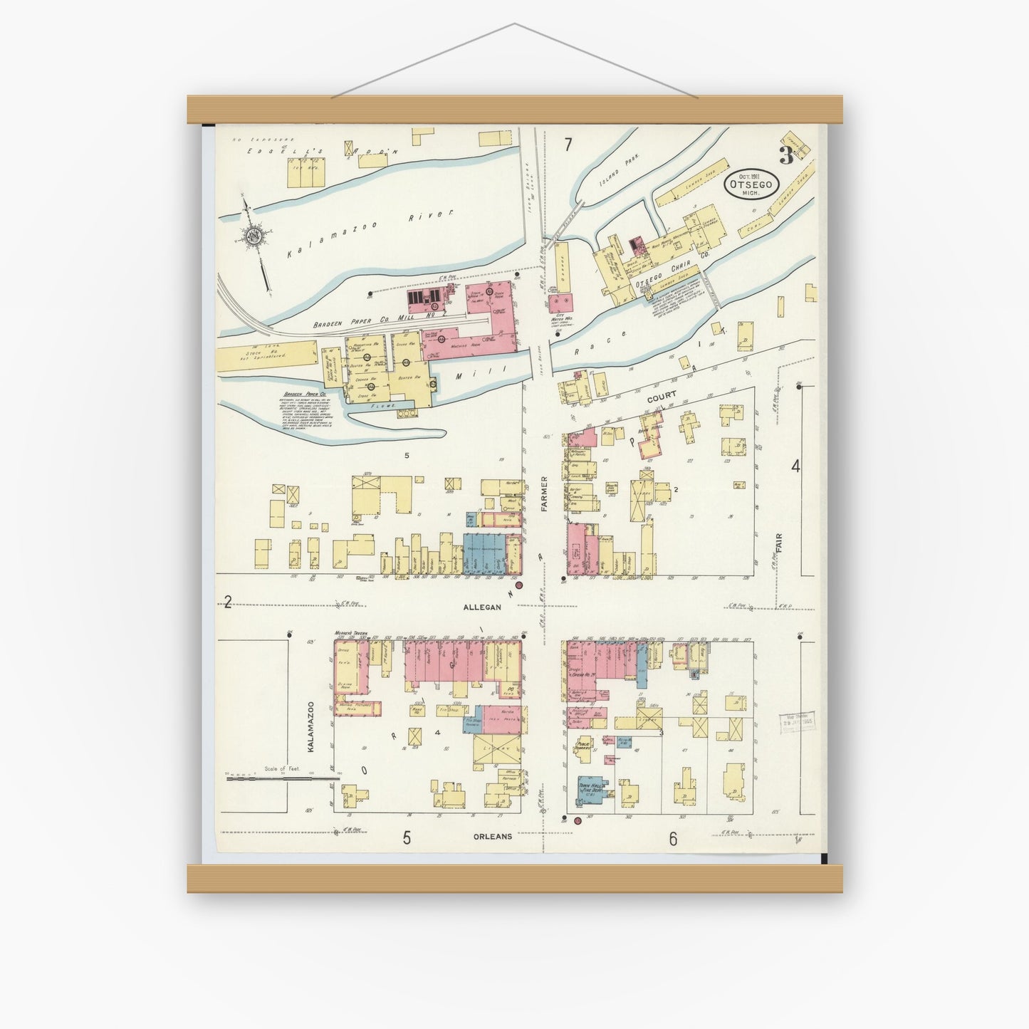 Old map wall art mockup — magnetic wood frame on white wall — Sanborn Fire Insurance Map from Otsego, Allegan County, Michigan (1911), Sheet #0003