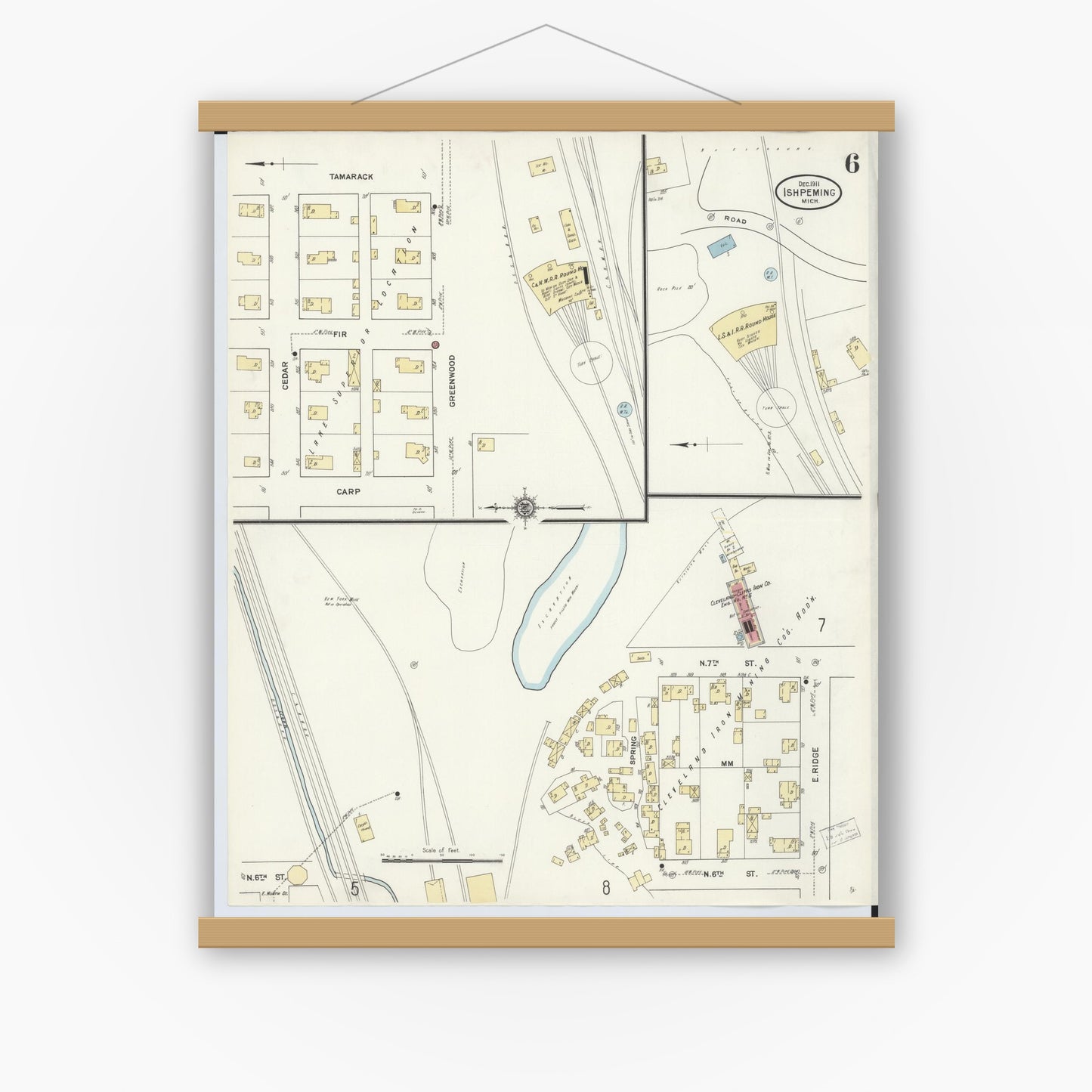 Old map wall art mockup — magnetic wood frame on white wall — Sanborn Fire Insurance Map from Ishpeming, Marquette County, Michigan (1911), Sheet #0006