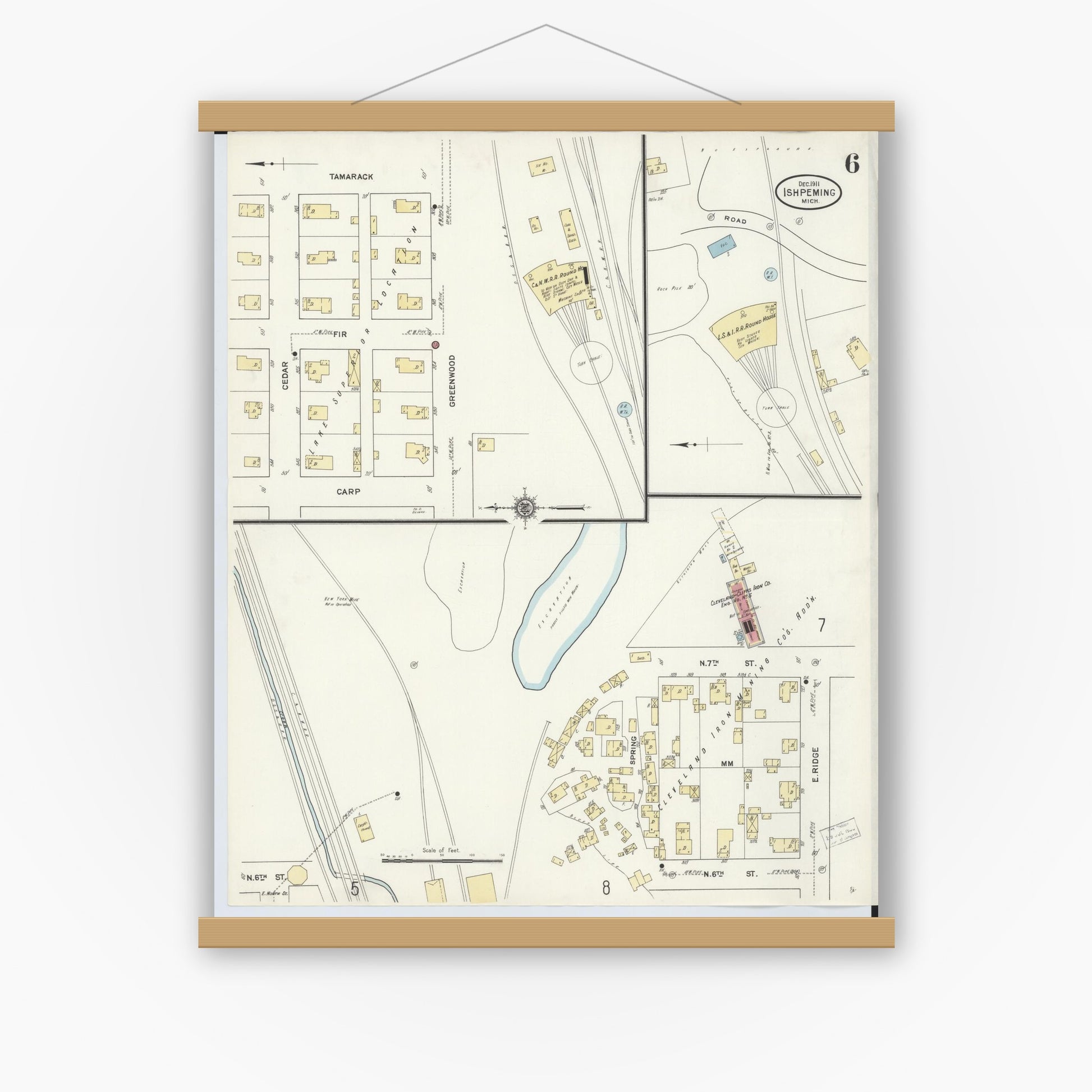 Old map wall art mockup — magnetic wood frame on white wall — Sanborn Fire Insurance Map from Ishpeming, Marquette County, Michigan (1911), Sheet #0006