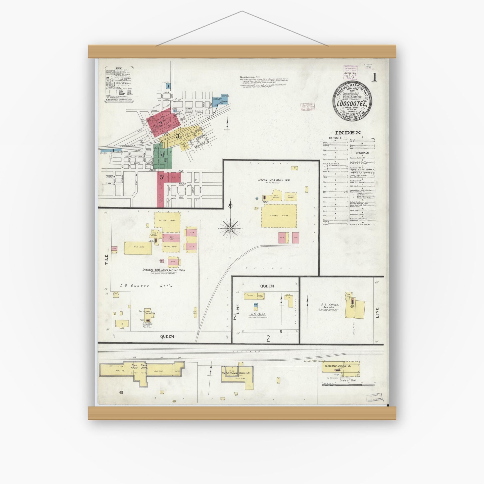 Old map wall art mockup — magnetic wood frame on white wall — Sanborn Fire Insurance Map from Loogootee, Martin County, Indiana (1907), Sheet #0001