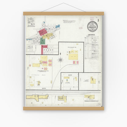 Old map wall art mockup — magnetic wood frame on white wall — Sanborn Fire Insurance Map from Loogootee, Martin County, Indiana (1907), Sheet #0001