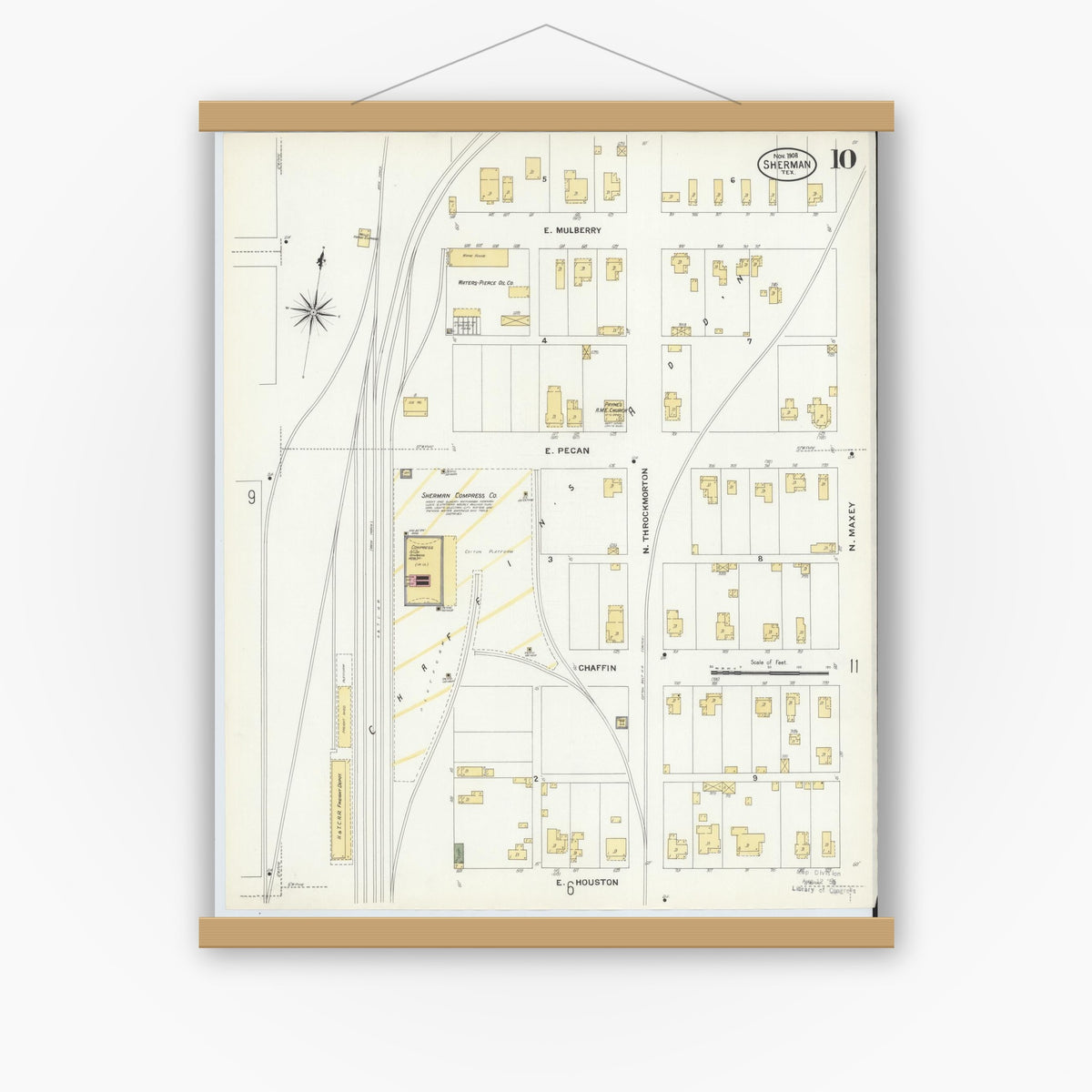 Old map wall art mockup — magnetic wood frame on white wall — Sanborn Fire Insurance Map from Sherman, Grayson County, Texas (1908), Sheet #0010