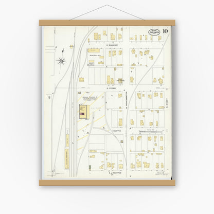 Old map wall art mockup — magnetic wood frame on white wall — Sanborn Fire Insurance Map from Sherman, Grayson County, Texas (1908), Sheet #0010