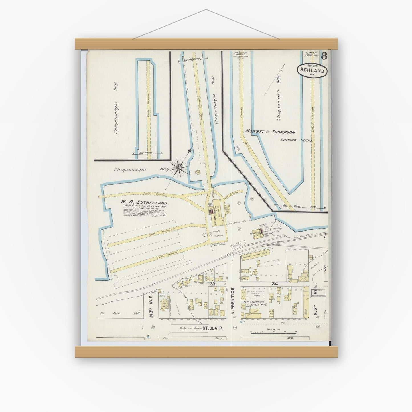 Old map wall art mockup — magnetic wood frame on white wall — Sanborn Fire Insurance Map from Ashland, Ashland County, Wisconsin (1890), Sheet #0008