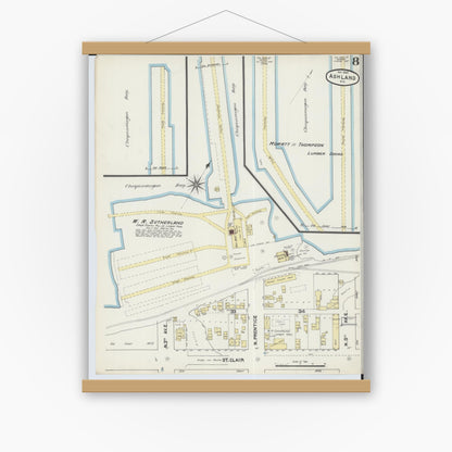 Old map wall art mockup — magnetic wood frame on white wall — Sanborn Fire Insurance Map from Ashland, Ashland County, Wisconsin (1890), Sheet #0008