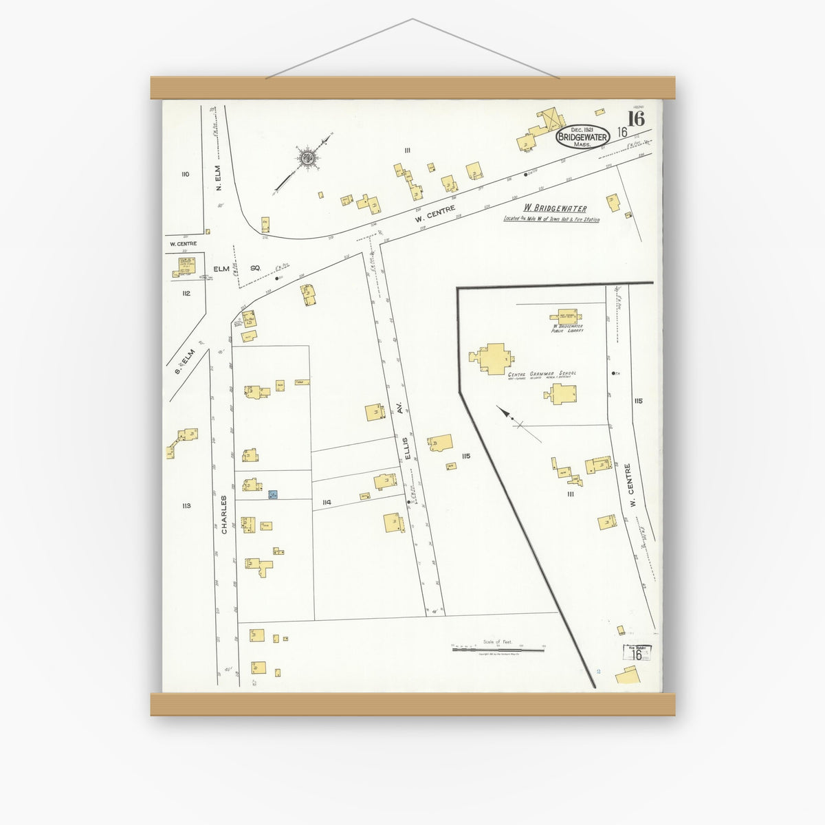 Old map wall art mockup — magnetic wood frame on white wall — Sanborn Fire Insurance Map from Bridgewater, Plymouth County, Massachusetts (1921), Sheet #0016