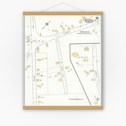 Old map wall art mockup — magnetic wood frame on white wall — Sanborn Fire Insurance Map from Bridgewater, Plymouth County, Massachusetts (1921), Sheet #0016