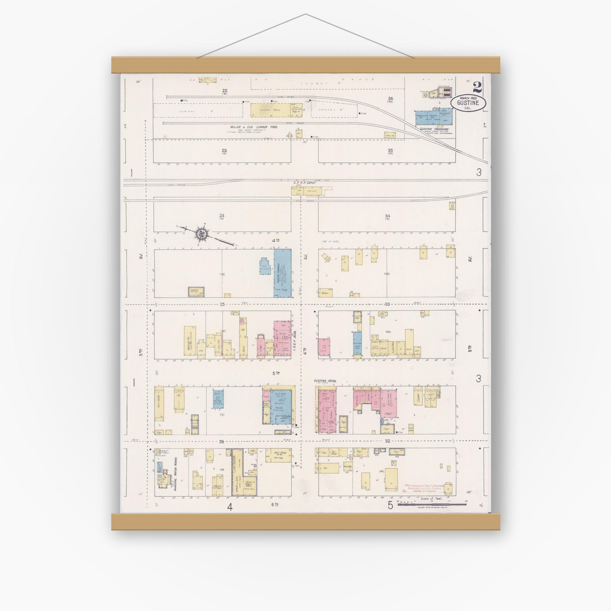 Old map wall art mockup — magnetic wood frame on white wall — Sanborn Fire Insurance Map from Gustine, Merced County, California (1920), Sheet #0002