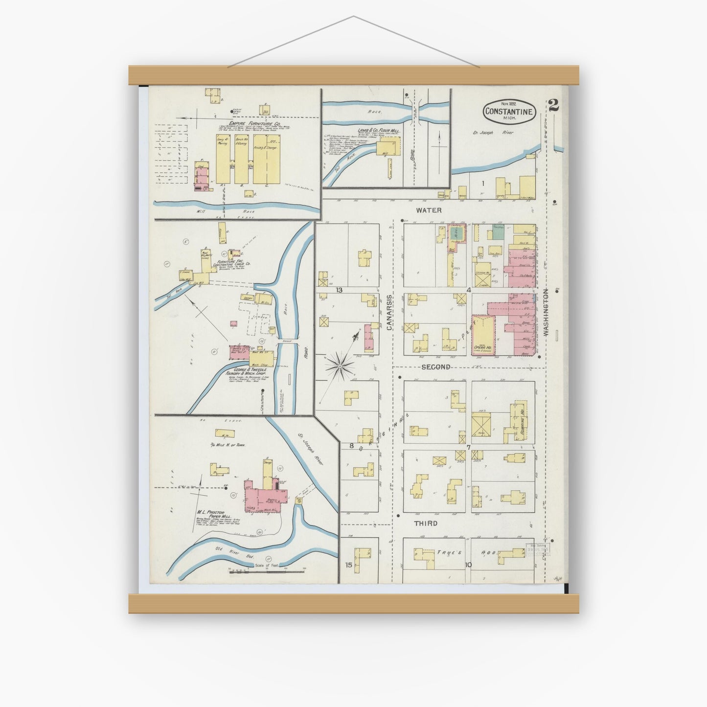 Old map wall art mockup — magnetic wood frame on white wall — Sanborn Fire Insurance Map from Constantine, Saint Joseph County, Michigan (1892), Sheet #0002
