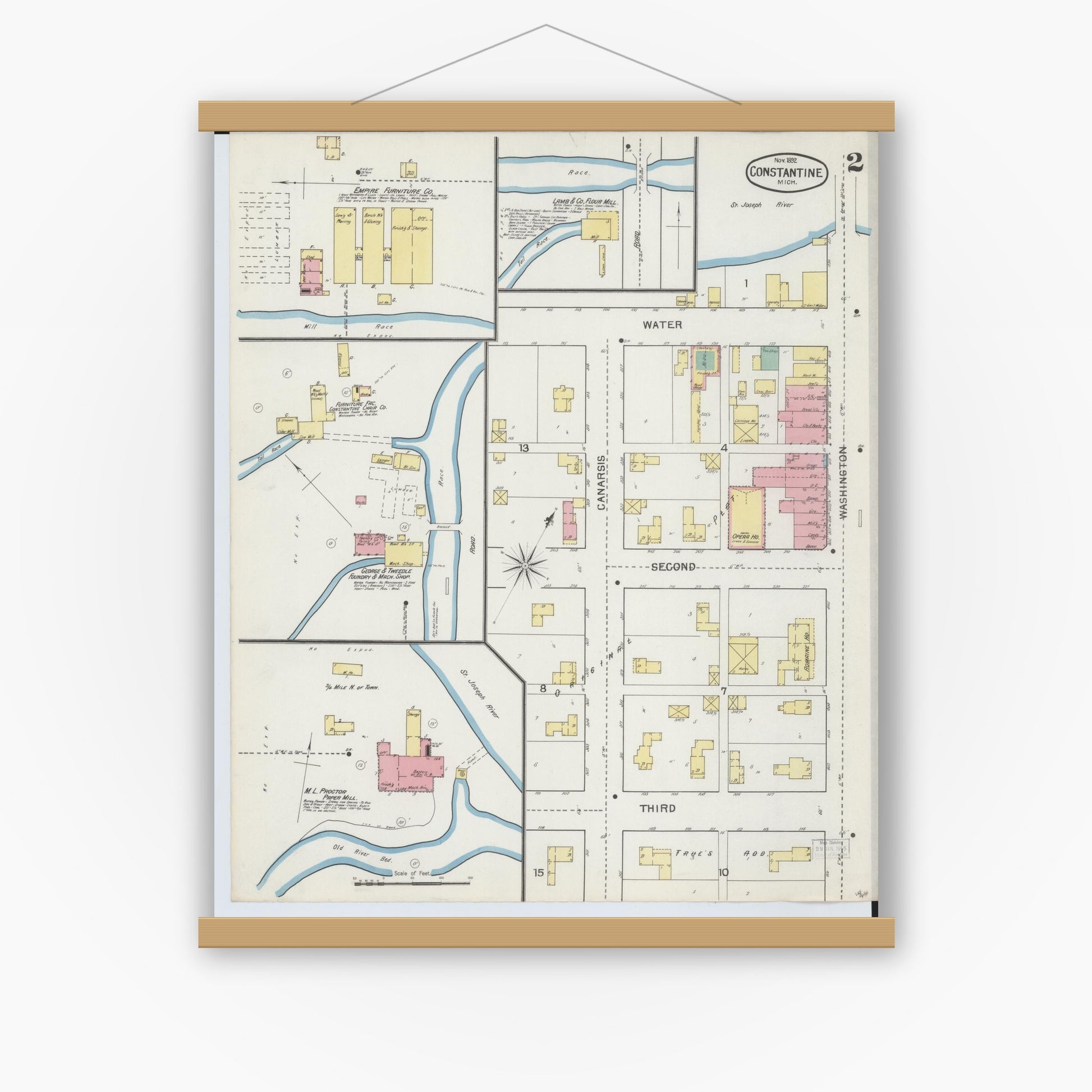 Old map wall art mockup — magnetic wood frame on white wall — Sanborn Fire Insurance Map from Constantine, Saint Joseph County, Michigan (1892), Sheet #0002