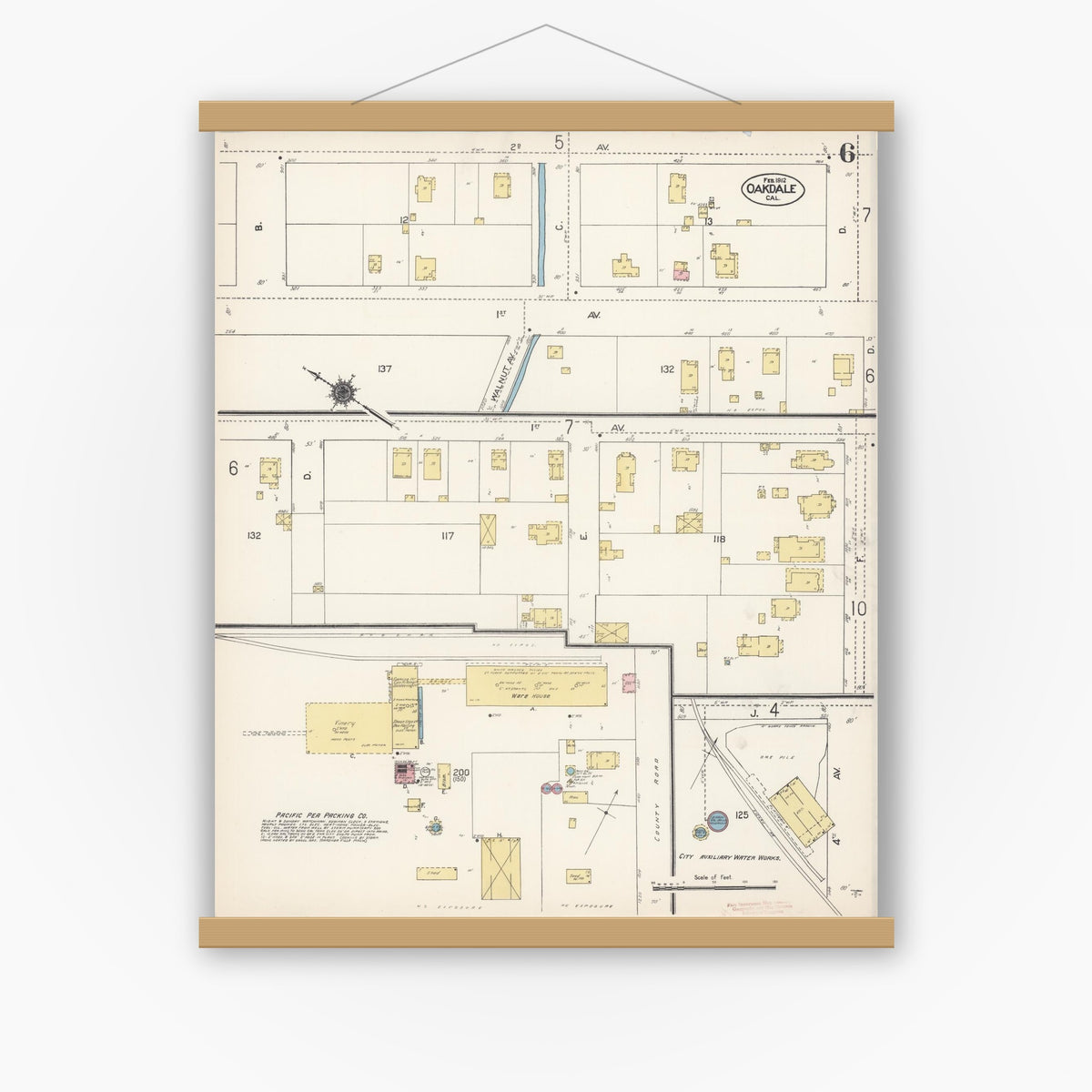 Old map wall art mockup — magnetic wood frame on white wall — Sanborn Fire Insurance Map from Oakdale, Stanislaus County, California (1912), Sheet #0006