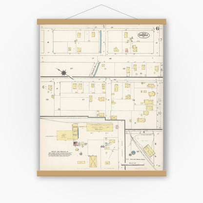 Old map wall art mockup — magnetic wood frame on white wall — Sanborn Fire Insurance Map from Oakdale, Stanislaus County, California (1912), Sheet #0006