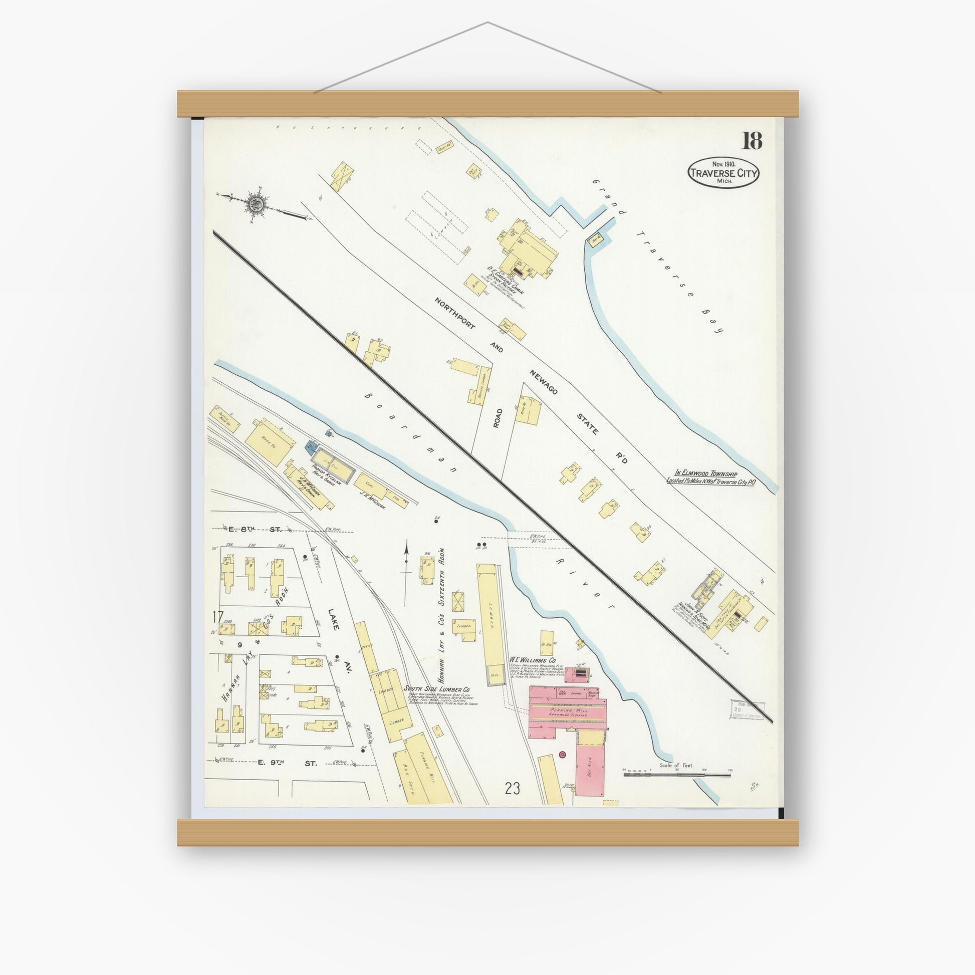 Old map wall art mockup — magnetic wood frame on white wall — Sanborn Fire Insurance Map from Traverse City, Grand Traverse County, Michigan (1910), Sheet #0018