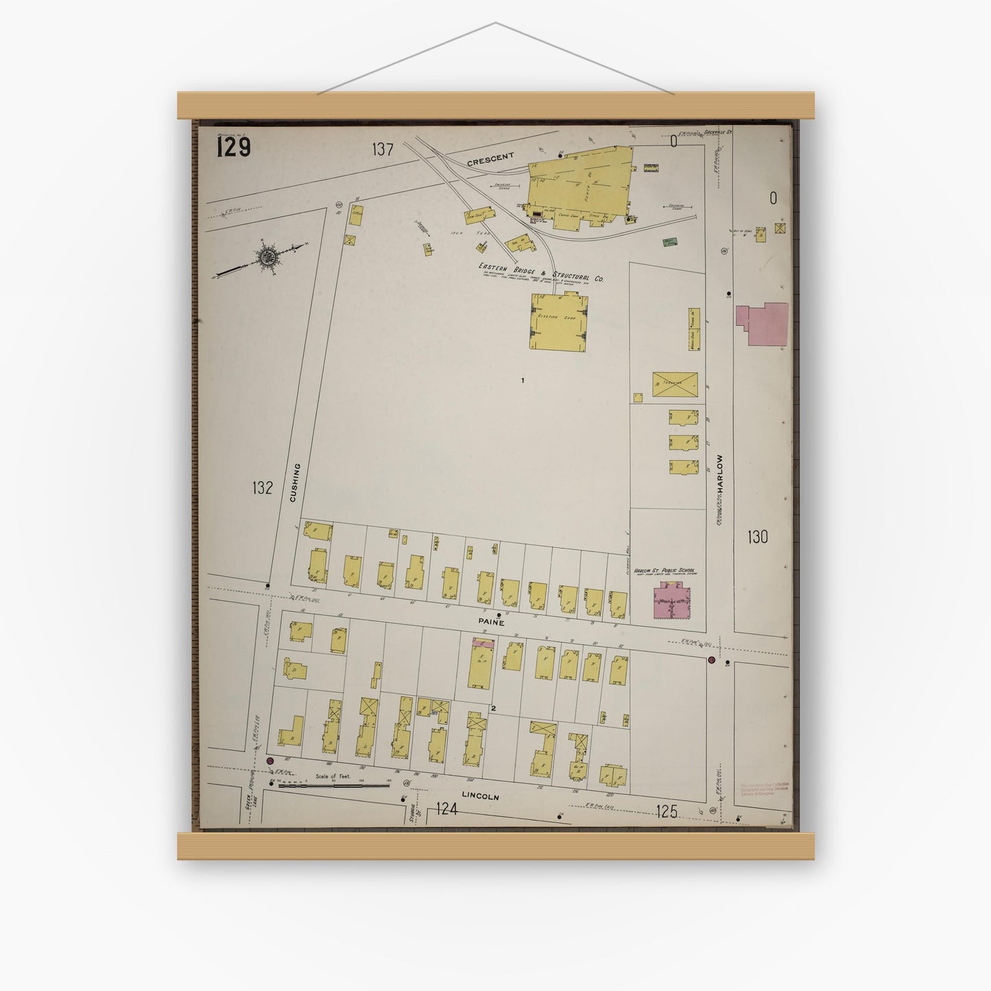 Old map wall art mockup — magnetic wood frame on white wall — Sanborn Fire Insurance Map from Worcester, Worcester County, Massachusetts (1910), Sheet #0129