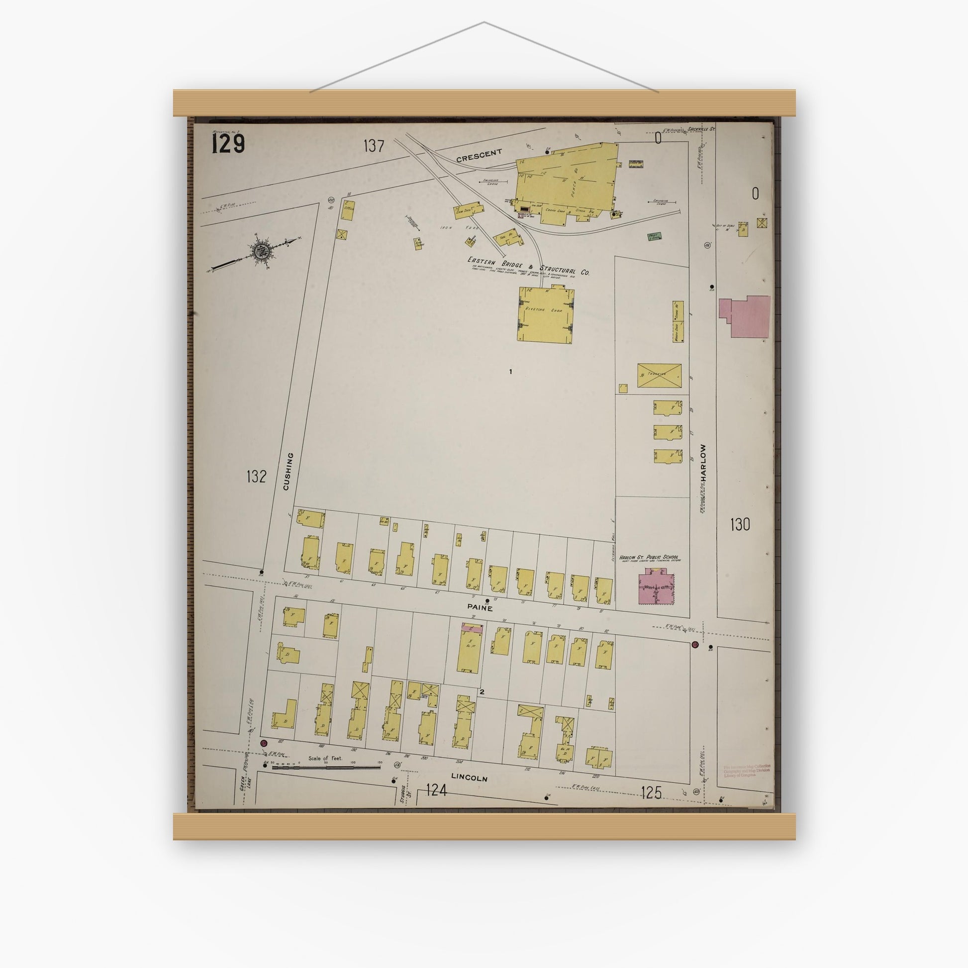 Old map wall art mockup — magnetic wood frame on white wall — Sanborn Fire Insurance Map from Worcester, Worcester County, Massachusetts (1910), Sheet #0129